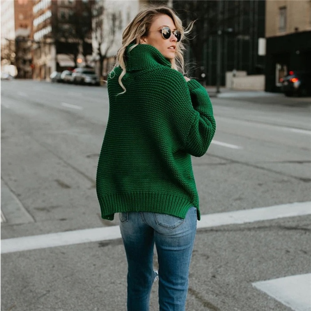 green cowl neck women knit pullover high neck autumn winter chunky thick tops